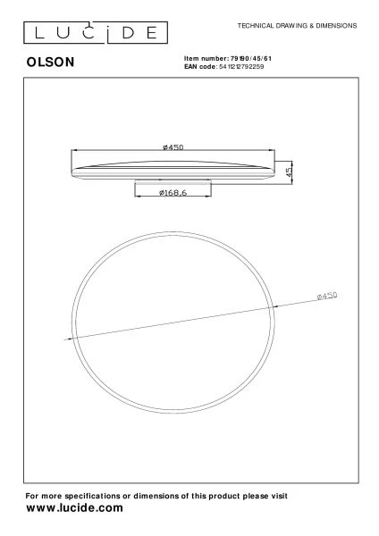 Lucide OLSON - Plafonnière Badkamer - Ø 45 cm - LED - CCT - 1x45W 3000K/6500K - IP44 - Opaal - technisch